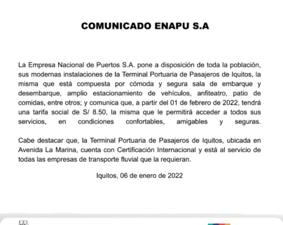 Comunicado ENAPU S.A sobre Terminal de Pasajeros de Iquitos
